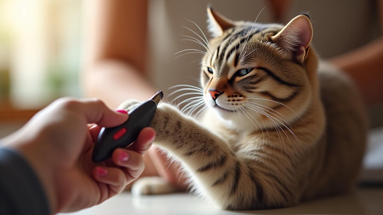 A calm tabby cat in Manhattan receiving a professional nail trim from a gentle groomer