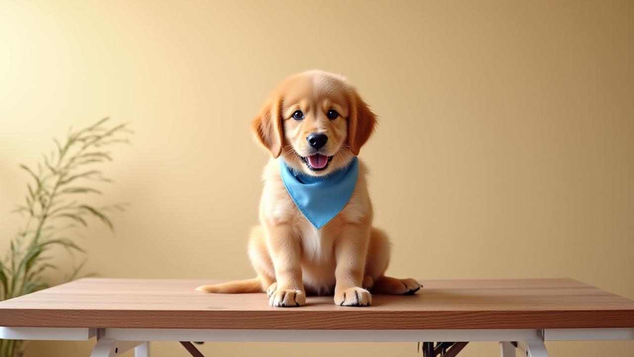 Golden Retriever puppy sitting happily on a grooming table with colorful bows