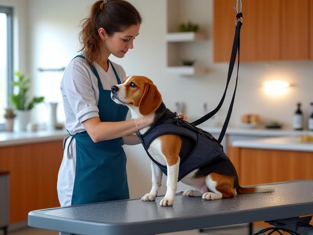 Expert groomer at Peak Paws Grooming providing gentle physical support to an elderly dog